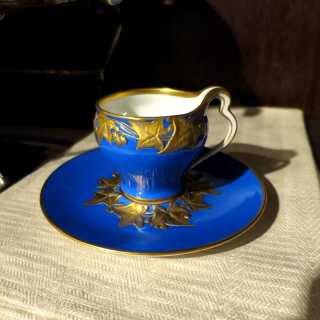 Antique Art Nouveau KPM Berlin porcelain cup with saucer in blue and gold