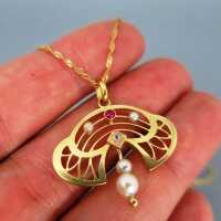 Antique Art Nouveau gold pendant with diamond ruby and pearls incl. chain