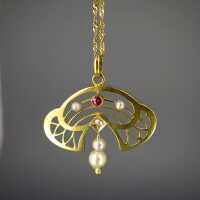 Antique Art Nouveau gold pendant with diamond ruby and pearls incl. chain