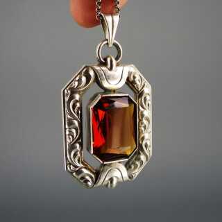 Huge Art Deco silver pendant with orange stone and pea chain 1930
