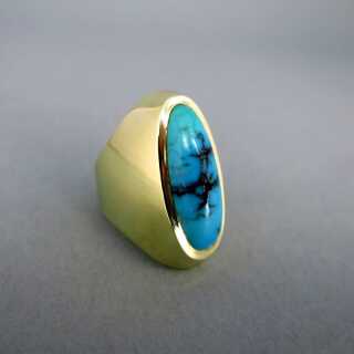Interessanter breiter Gold Ring mit einem natürlichen blauen Türkiscabochon