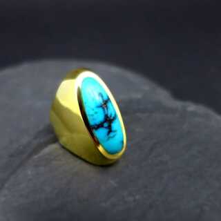 Interessanter breiter Gold Ring mit einem natürlichen blauen Türkiscabochon