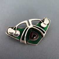German Art Nouveau brooch in silver with green enamel and...