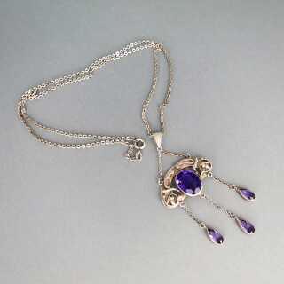 Jugenstil Lavalier Halskette Anhänger in Silber mit violetten Steinen