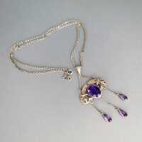 Jugenstil Lavalier Halskette Anhänger in Silber mit violetten Steinen