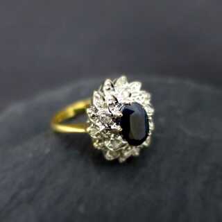 Gold cluster ring with big blue sapphire and diamonds engagement ring