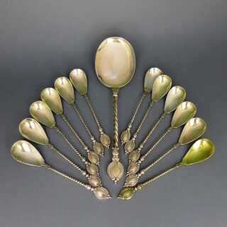 Antique late victorian dessert spoon set in silver and gold 1870 in case