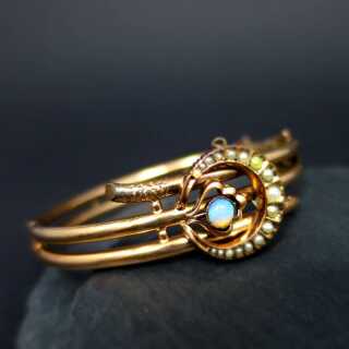 Antiker Jugendstil Armreif in Golddouble mit Opal und Saat Perlen