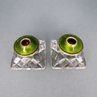Leuchterpaar Theodor Olsen Norwegen Kristallglas Silber grüne Guilloche Emaille 