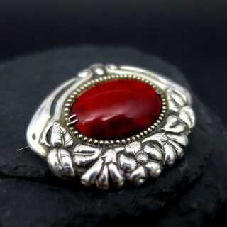 Gorgeous huge Art Nouveau repoussee floral brooch in silver with carnelian