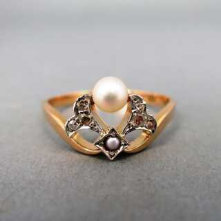 Jugendstil Damen Ring In Gold Mit Perlen Und Diamanten 450 00