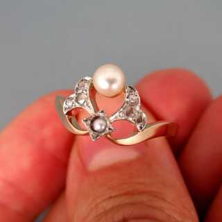 Antiker Jugendstil Damen Ring in Gold mit Perlen und Diamanten im Altschliff