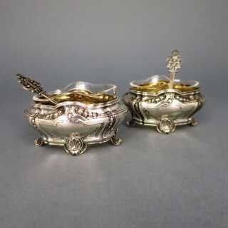 Set of 2 antique Art Nouveau salt cellars from Paris in silver, gold and glass