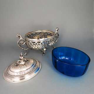 Antike Bonboniere versilbert, blaues Glas, WMF Historismus Neorenaissance 1880