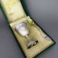 Jugendstil egg cup set in original box in silver and gold...