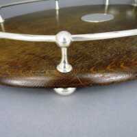 Huge antique tray with rim in oak wood and silver plated metal England