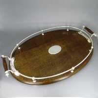 Huge antique tray with rim in oak wood and silver plated...