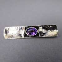 Modernist 800 silver hammered brooch with violet amethyst...