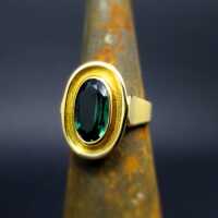 Unique handmade gold ring with huge green tourmaline goldsmiths work Germany
