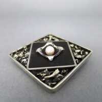 Rare modernist sterling silver brooch with pearl and...