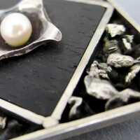 Rare modernist sterling silver brooch with pearl and black moor oak unique piece