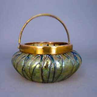 Art Nouveau hand blown glass bowl with brass mounting and handle Kralik Bohemia