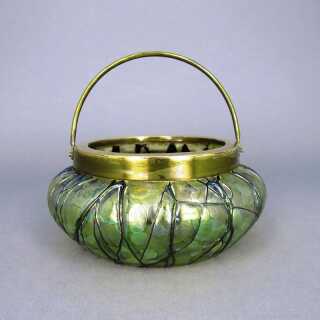 Art Nouveau hand blown glass bowl with brass mounting and handle Kralik Bohemia