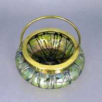 Art Nouveau hand blown glass bowl with brass mounting and...