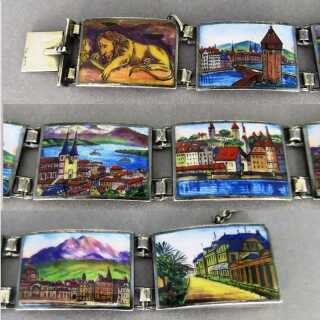 Silver souvenir bracelet with enamel paintings with sights of Lucerne Switzerland