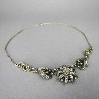 Üppiges florales Jugendstil Collier Halskette mit Blüten Silber mit Markasiten 