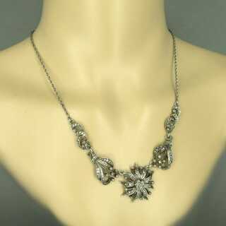 Üppiges florales Jugendstil Collier Halskette mit Blüten Silber mit Markasiten 