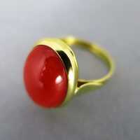 18 k gold ladys ring with a huge red mediterranean coral cabochon from Italy