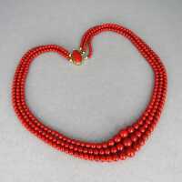 Antique three strands red mediterranean coral and gold necklace from south Italy 
