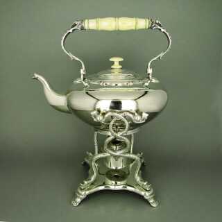 Elegante antike Tee Schwenkkanne mit Stövchen versilbert mit Elfenbein dat. 1869