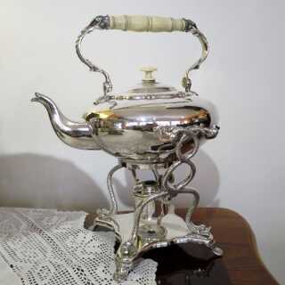 Elegante antike Tee Schwenkkanne mit Stövchen versilbert mit Elfenbein dat. 1869