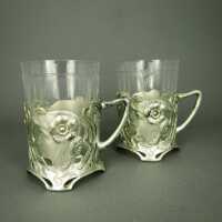 2 antike Jugendstil Teegläser mit dekorativer Brittania Zinnalterung von WMF