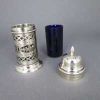 Antique victorian salt shaker in sterling silver and blue glass William Aitken 