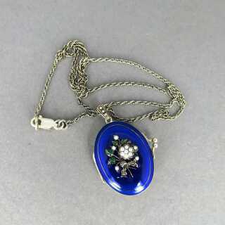 Hübsches Damen Foto Medaillon in 925 Silber mit blauer Emaille und Perlchen