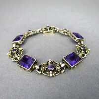 Rich decorated silver link bracelet with huge amethyst cabochons