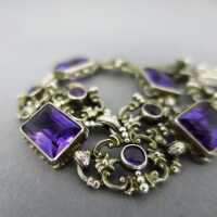Rich decorated silver link bracelet with huge amethyst cabochons