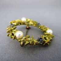 Vintage Modernist Brosche in 585 Gold mit Perlen und...