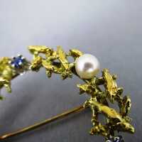 Vintage Modernist Brosche in 585 Gold mit Perlen und Saphiren Kollmar & Jourdan