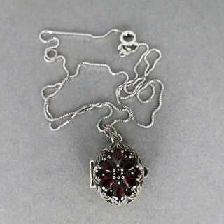 Vintage picture pendant medallion in sterling silver with red garnets