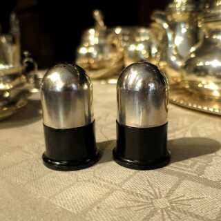 Art Deco Salz und Pfeffer Streuer in Silber und schwarzem Bakelit Cohr Dänemark