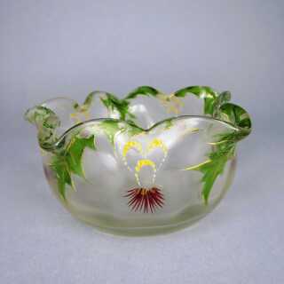 Antique Jugendstil glass bowl hand blown with enamel painting Bohemia Austria