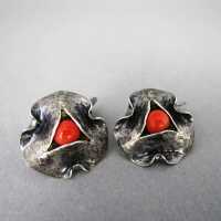 Abstract Art Deco cufflinks in hammered silver with red...
