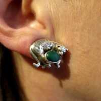 Unique vintage Carol Felley leopard ear clips in sterling silver with malachite