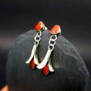Zuni native jewelry floral stud earrings in silver with red coral cabochons