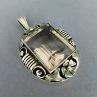 Huge silver pendant with big smoky quartz handmade Idar-Oberstein Germany 1930