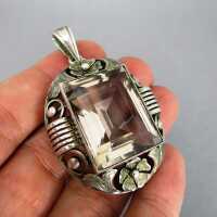 Huge silver pendant with big smoky quartz handmade Idar-Oberstein Germany 1930